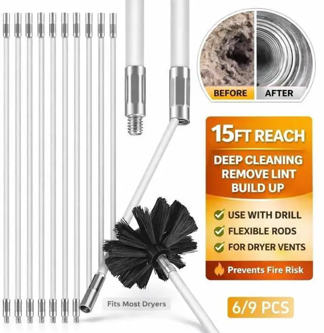Main image of Dryer Vent Cleaning Kit Flexible Brush Head Remove Chimney Lint Dust Debris 9pcs