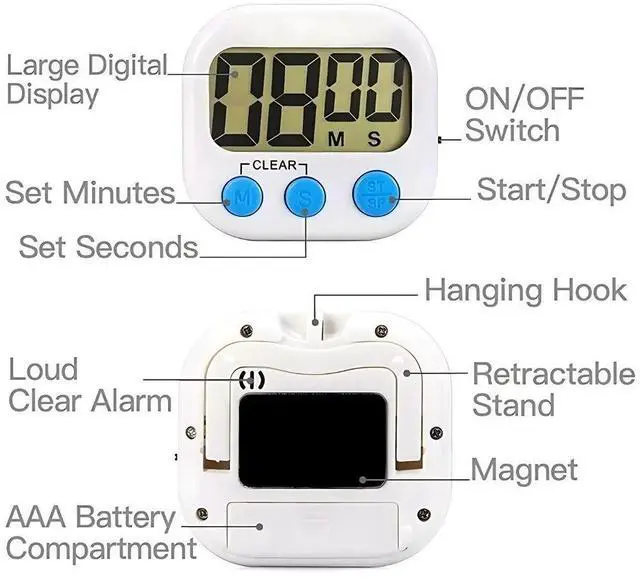 Alt view image 5 of 7 - Large LCD Digital Kitchen Cooking Timer Count Down Up Clock Loud Alarm Magnetic