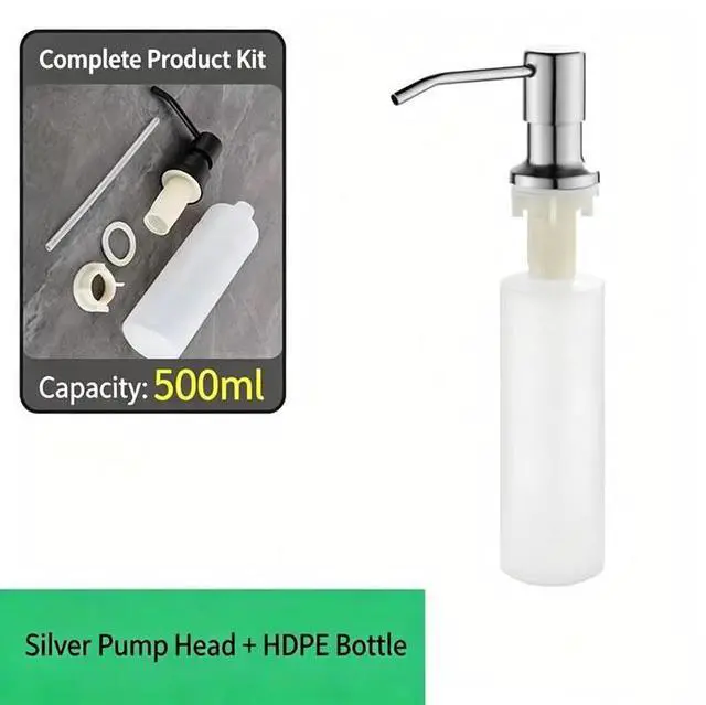 Alt view image 2 of 7 - 360° Sink Soap Dispenser Steel Stainless Kitchen Hands Liquid Pump Bottle Tube 500ml Bottle+Silver Pump