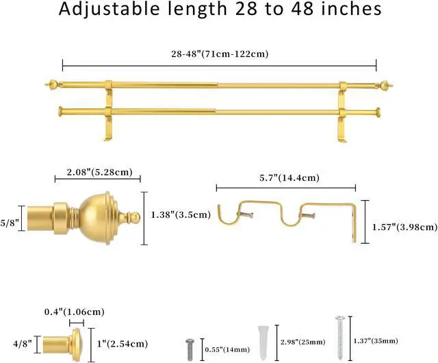 Alt view image 3 of 6 - eTeckram 5/8" Window Double Curtain Rod with Royale Finials --28''- 48'', 48"-84", 84"-120" (Pewter, Gold, Weathered White,Bronze Gold) Gold 28-48