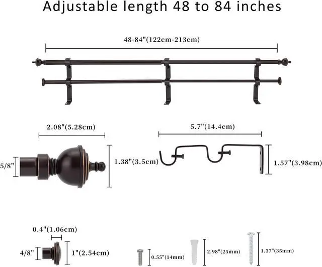 Alt view image 3 of 6 - eTeckram 5/8" Window Double Curtain Rod with Royale Finials --28''- 48'', 48"-84", 84"-120" (Pewter, Gold, Weathered White,Bronze Gold) Bronze Gold 48-84