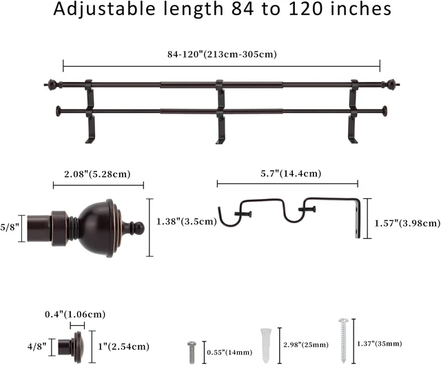 Alt view image 3 of 6 - eTeckram 5/8" Window Double Curtain Rod with Royale Finials --28''- 48'', 48"-84", 84"-120" (Pewter, Gold, Weathered White,Bronze Gold) Bronze Gold 84-120