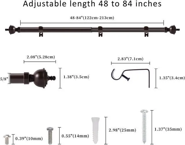 Alt view image 3 of 6 - eTeckram 5/8" Window Single Curtain Rod with Royale Finials --28''- 48'', 48"-84", 84"-120" (Pewter, Gold, Weathered White,Bronze Gold) Bronze Gold 48-84