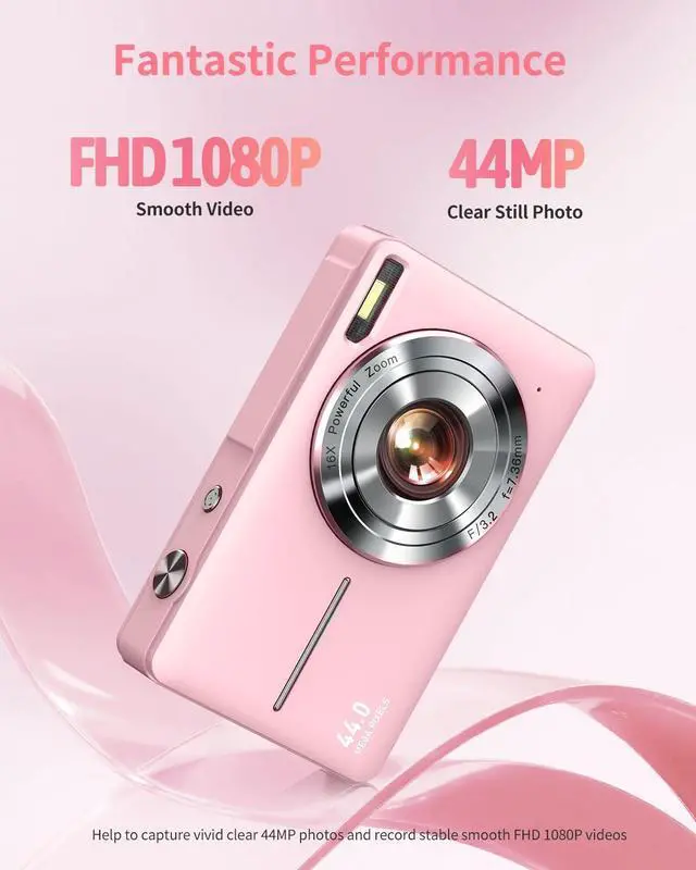Alt view image 2 of 7 - Digital Camera, FHD 1080P Point and Shoot Kids Camera, with 32GB Card, 2 Batteries, 16X Zoom Anti Shake Date Stamp, Compact Portable Small, for Starter Kid Children Teen Student Girl Boy(Pink)