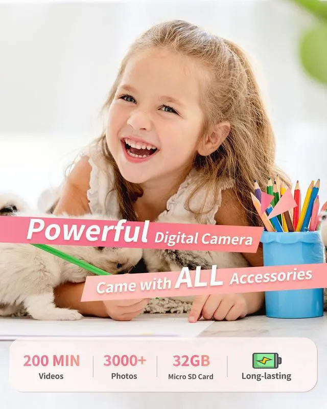 Alt view image 4 of 7 - Digital Camera, FHD 1080P Point and Shoot Kids Camera, with 32GB Card, 2 Batteries, 16X Zoom Anti Shake Date Stamp, Compact Portable Small, for Starter Kid Children Teen Student Girl Boy(Pink)