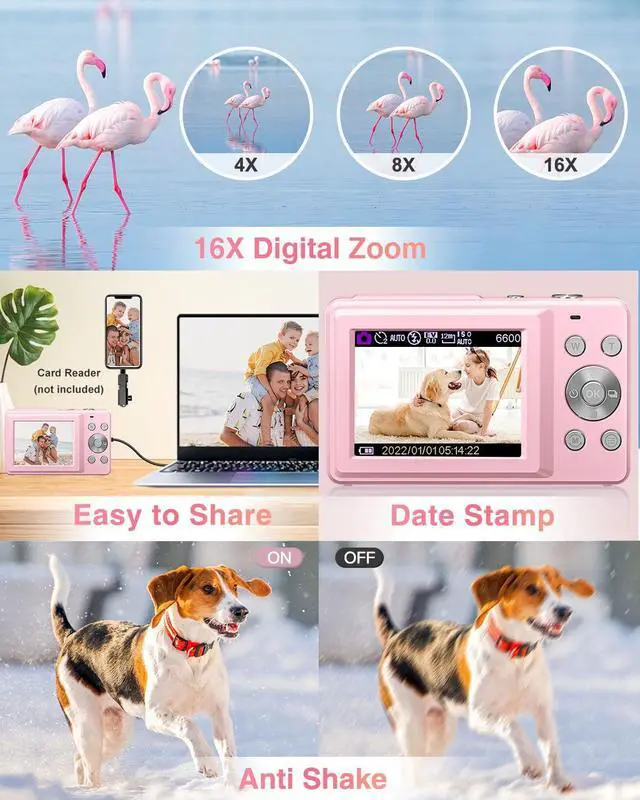 Alt view image 5 of 7 - Digital Camera, FHD 1080P Point and Shoot Kids Camera, with 32GB Card, 2 Batteries, 16X Zoom Anti Shake Date Stamp, Compact Portable Small, for Starter Kid Children Teen Student Girl Boy(Pink)