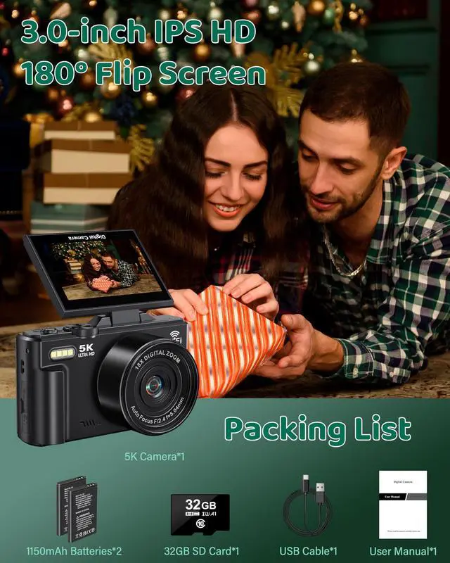 Alt view image 6 of 6 - 5K Digital Camera - WiFi 75MP Cameras for Photography - UHD Vlogging Camera for YouTube with 3" 180° Flip Screen - Autofocus Compact Video Travel Camara with 18X Zoom, 32GB SD Card, 2 Batteries
