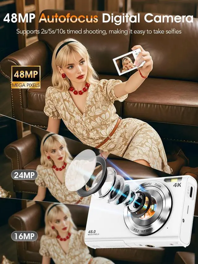 Alt view image 2 of 7 - Digital Camera,Autofocus 4K Vlogging Camera for Photography with 32GB Card,48MP Portable Compact Point and Shoot Digital Camera for Teens Adult Beginner with 16X Zoom,Anti-Shake,2 Batteries(White)