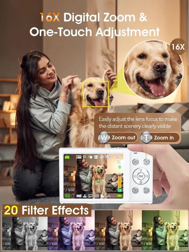 Alt view image 4 of 7 - Digital Camera,Autofocus 4K Vlogging Camera for Photography with 32GB Card,48MP Portable Compact Point and Shoot Digital Camera for Teens Adult Beginner with 16X Zoom,Anti-Shake,2 Batteries(White)