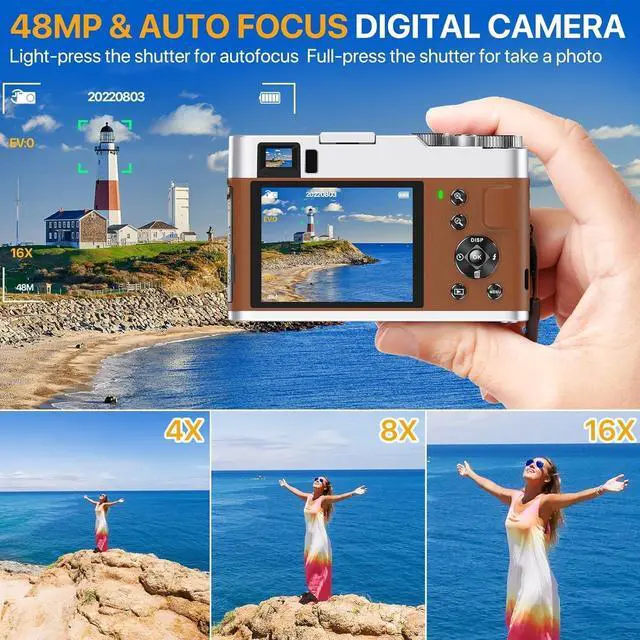 Alt view image 2 of 7 - 4K Digital Camera for Photography, 48MP Autofocus Vlogging Cameras with 16X Digital Zoom, 2.8" LCD Point and Shoot Camera for YouTube, Anti-Shake Compact Cameras with 32GB Micro SD Card & 2 Batteries