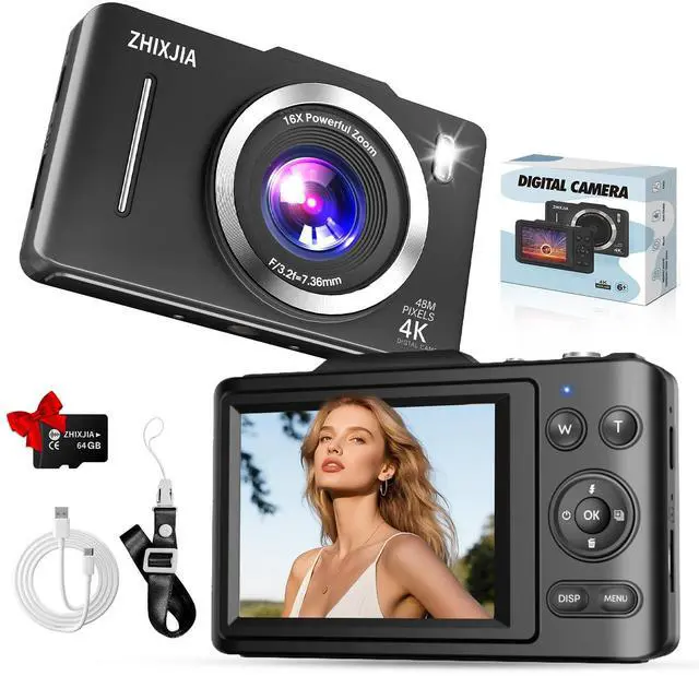 Main image of Digital Camera, Autofocus 4K Vlogging Camera for Photography with 64GB Card, Full HD 4K Point and Shoot Camera Portable Compact and Shoot Digital Camera for 16X Zoom, Anti-Shake, for Beginners, Black