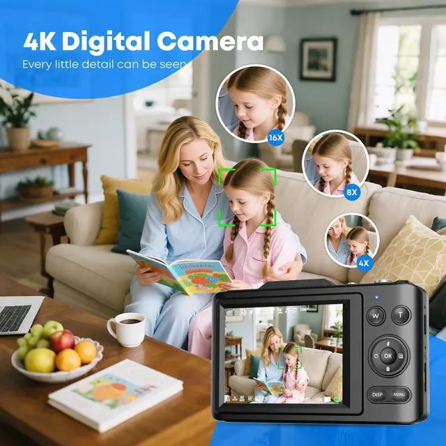 Alt view image 3 of 7 - Digital Camera, Autofocus 4K Vlogging Camera for Photography with 64GB Card, Full HD 4K Point and Shoot Camera Portable Compact and Shoot Digital Camera for 16X Zoom, Anti-Shake, for Beginners, Black