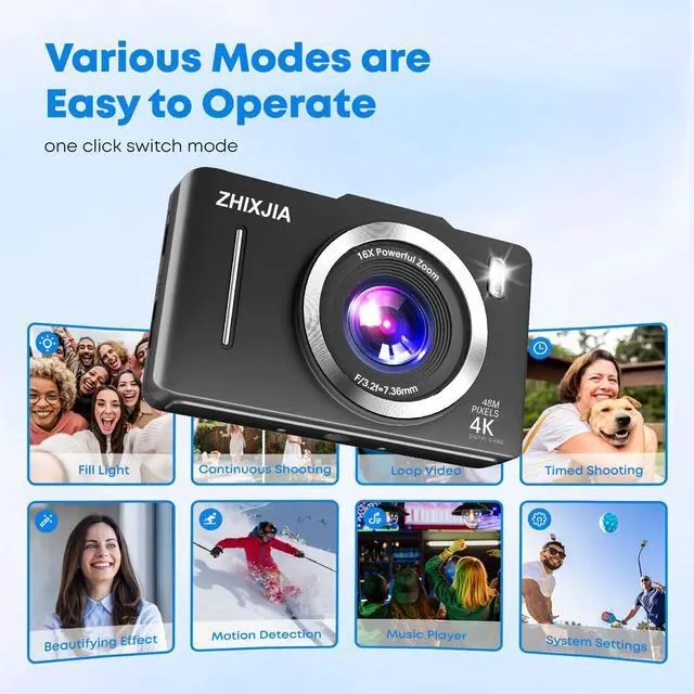 Alt view image 4 of 7 - Digital Camera, Autofocus 4K Vlogging Camera for Photography with 64GB Card, Full HD 4K Point and Shoot Camera Portable Compact and Shoot Digital Camera for 16X Zoom, Anti-Shake, for Beginners, Black