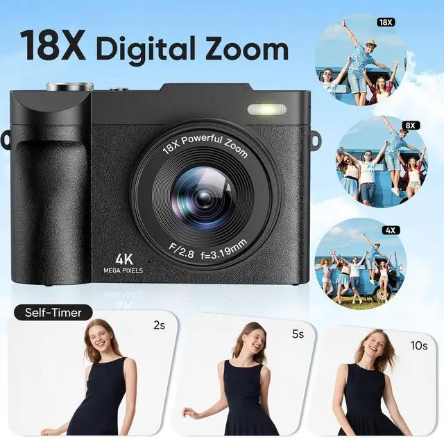 Alt view image 4 of 7 - 4K Digital Camera for Photography- 50MP Autofocus Vlogging Camera with 2.8" 180°Flip Screen, 18X Digital Zoom- Compact Point and Shoot Camera with 32GB TF for YouTube, Travel, Beginners, Black