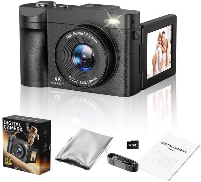 Main image of 4K Digital Camera for Photography- 50MP Autofocus Vlogging Camera with 2.8" 180°Flip Screen, 18X Digital Zoom- Compact Point and Shoot Camera with 32GB TF for YouTube, Travel, Beginners, Black