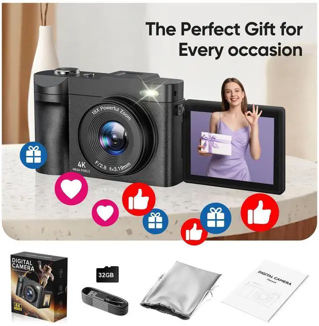 Alt view image 7 of 7 - 4K Digital Camera for Photography- 50MP Autofocus Vlogging Camera with 2.8" 180°Flip Screen, 18X Digital Zoom- Compact Point and Shoot Camera with 32GB TF for YouTube, Travel, Beginners, Black