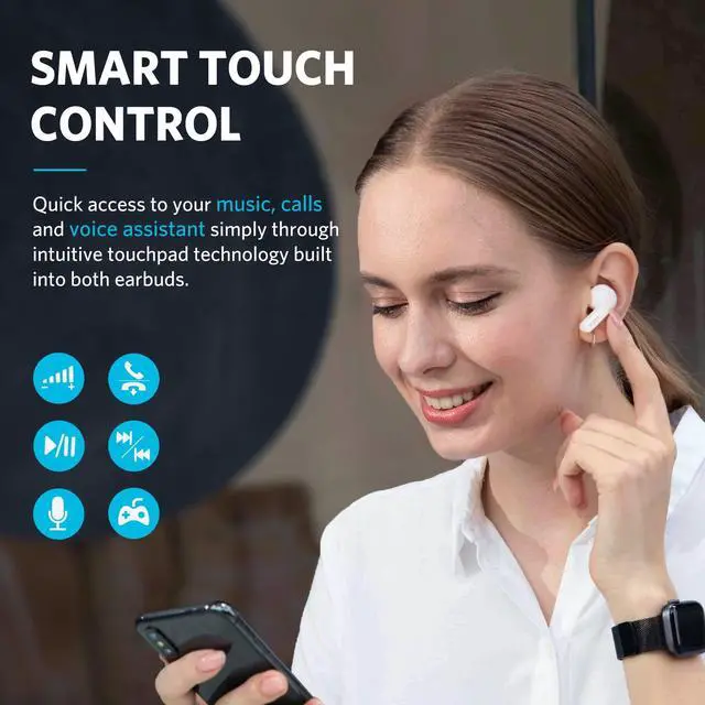 Alt view image 5 of 6 - Air True Wireless Earbuds, Bluetooth Earbuds with 4 Mics, Sweatshield IPX7 Waterproof with Volume Control, USB-C Fast Charge, in-Ear Headphones with Wireless Charging, Deep Bass, 35Hrs, White