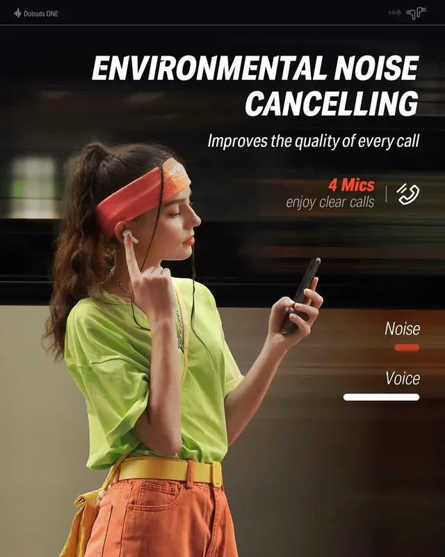 Alt view image 6 of 7 - Wireless Earbuds Noise Cancelling, Bluetooth 5.2 Earphones with 5 x EarTips, 4 Mic Clear Calls, 12mm Drivers, App for Custom EQ, 32H Playtime, Fast Charging, Transparency - Dobuds ONE,White