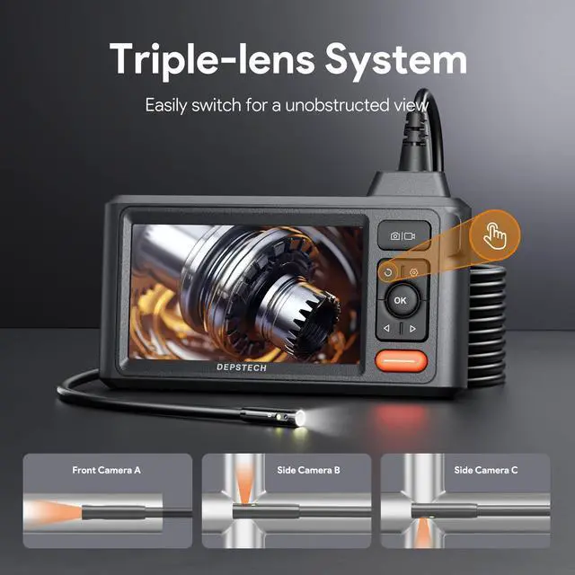 Alt view image 2 of 7 - Inspection Endoscope Camera with Lights: 1080P Triple Lens Snake Camera with 5" Screen and 16.5FT Flexible Cable, Waterproof Industrial Borescope Tool for Auto, Wall, Sewer, Pipe, Mechanics