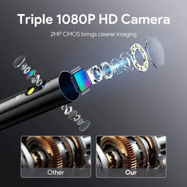 Alt view image 4 of 7 - Inspection Endoscope Camera with Lights: 1080P Triple Lens Snake Camera with 5" Screen and 16.5FT Flexible Cable, Waterproof Industrial Borescope Tool for Auto, Wall, Sewer, Pipe, Mechanics