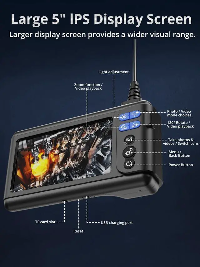Alt view image 2 of 7 - Borescope Endoscope Camera with Light, Dual-Lens 1080P HD Industrial Inspection Camera with 8 LED Lights, 16.5Ft Semi-Rigid Snake Cable, 5" IPS Screen, 32GB Card, IP67 Waterproof Sewer Tools