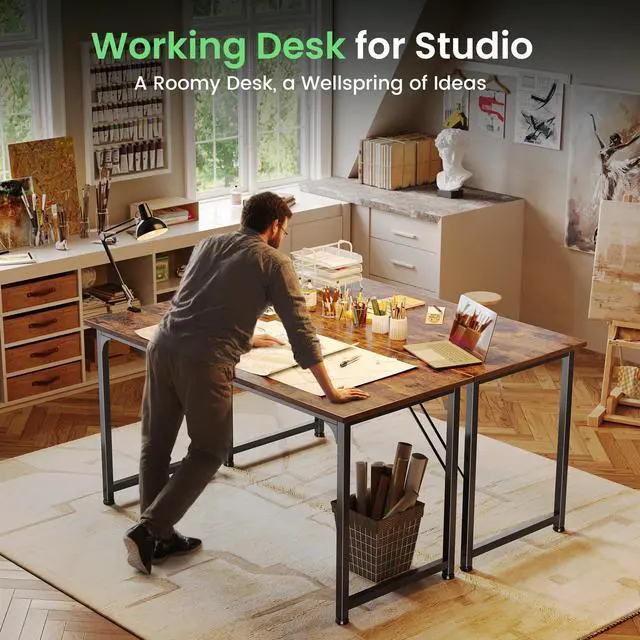 Alt view image 5 of 6 - Computer Desk, 55 Inch Home Office Desk, Gaming Writing Work from Home Study Desk, Large Legroom, Sturdy Metal Frame, Modern Simple, Rustic Brown