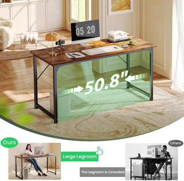 Alt view image 4 of 6 - Computer Desk, 55 Inch Home Office Desk, Gaming Writing Work from Home Study Desk, Large Legroom, Sturdy Metal Frame, Modern Simple, Rustic Brown
