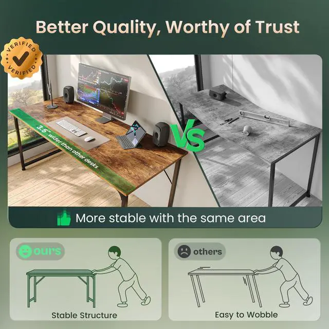 Alt view image 2 of 6 - Computer Desk, 55 Inch Home Office Desk, Gaming Writing Work from Home Study Desk, Large Legroom, Sturdy Metal Frame, Modern Simple, Rustic Brown