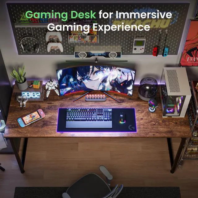 Alt view image 6 of 6 - Computer Desk, 55 Inch Home Office Desk, Gaming Writing Work from Home Study Desk, Large Legroom, Sturdy Metal Frame, Modern Simple, Rustic Brown