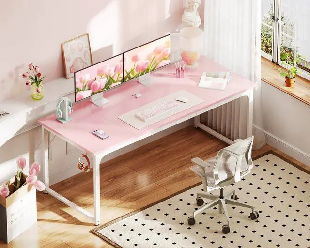 Alt view image 2 of 7 - 63 Inch Computer Desk Home Office Desk, Gaming Writing Work from Home Study Desk, Modern Simple Design, Large Legroom, Sturdy Metal Frame, Pink