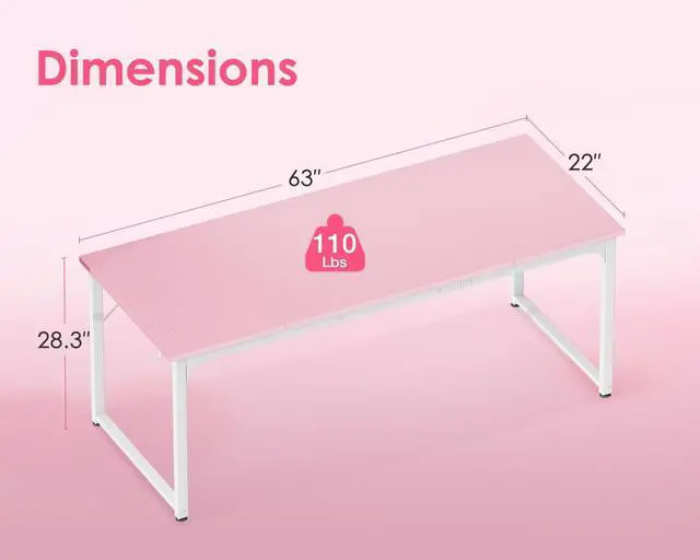 Alt view image 3 of 7 - 63 Inch Computer Desk Home Office Desk, Gaming Writing Work from Home Study Desk, Modern Simple Design, Large Legroom, Sturdy Metal Frame, Pink
