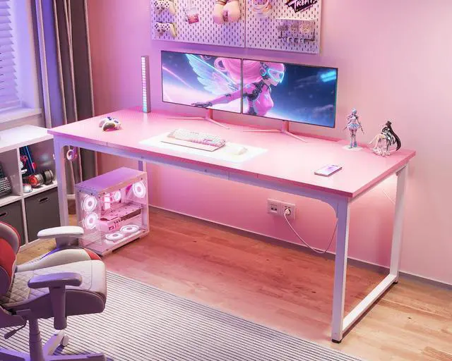 Alt view image 4 of 7 - 63 Inch Computer Desk Home Office Desk, Gaming Writing Work from Home Study Desk, Modern Simple Design, Large Legroom, Sturdy Metal Frame, Pink