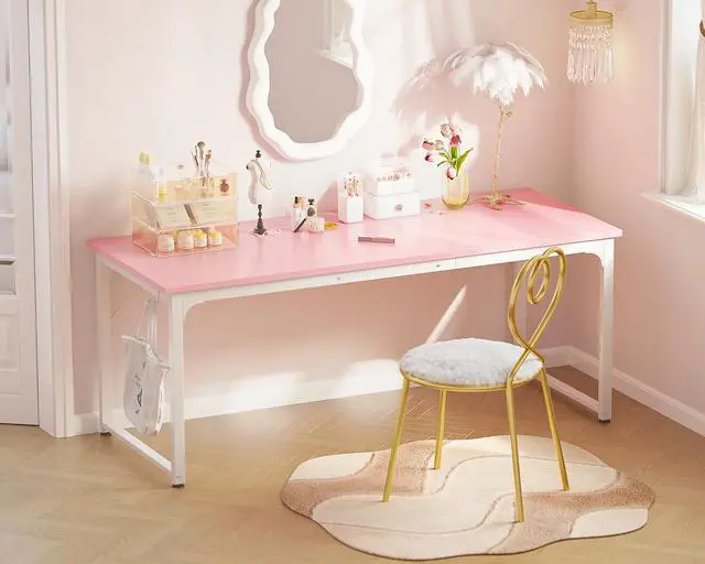 Alt view image 5 of 7 - 63 Inch Computer Desk Home Office Desk, Gaming Writing Work from Home Study Desk, Modern Simple Design, Large Legroom, Sturdy Metal Frame, Pink