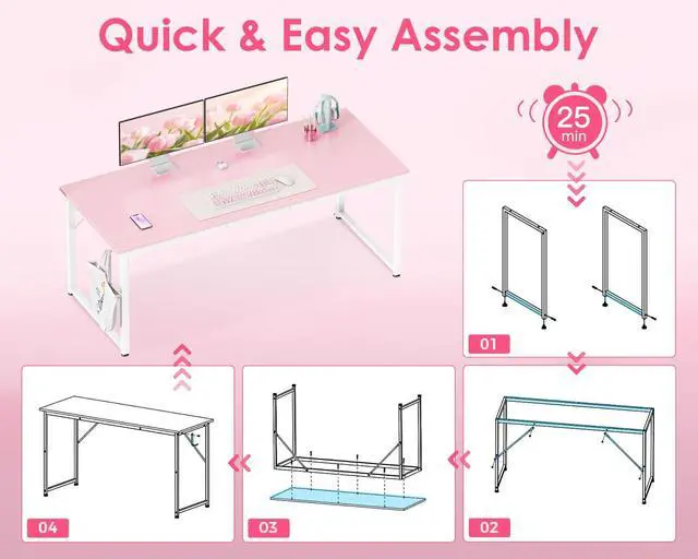 Alt view image 6 of 7 - 63 Inch Computer Desk Home Office Desk, Gaming Writing Work from Home Study Desk, Modern Simple Design, Large Legroom, Sturdy Metal Frame, Pink