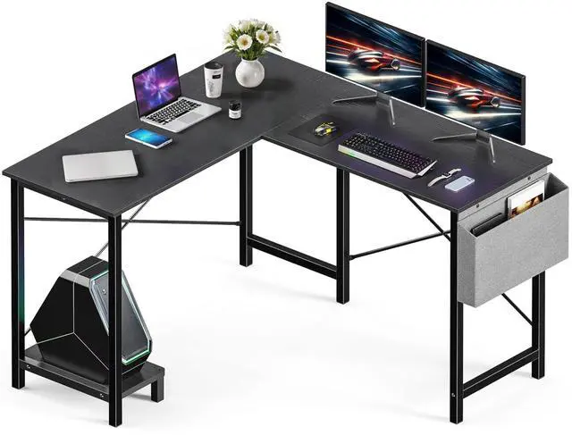 Main image of 50 Inches L Shaped Home Office Computer Desk Reversible Corner Table PC with Wood Tabletop Metal Frame CPU Stand Side Bag for Gaming, Working and Studying, Black