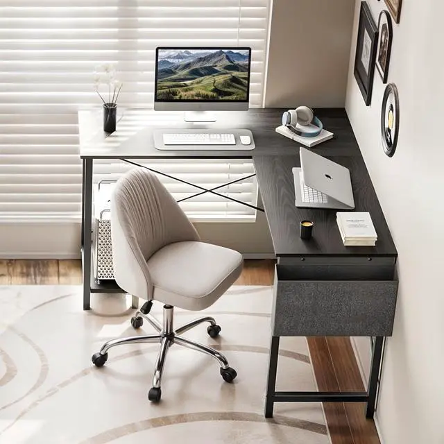 Alt view image 2 of 7 - 50 Inches L Shaped Home Office Computer Desk Reversible Corner Table PC with Wood Tabletop Metal Frame CPU Stand Side Bag for Gaming, Working and Studying, Black