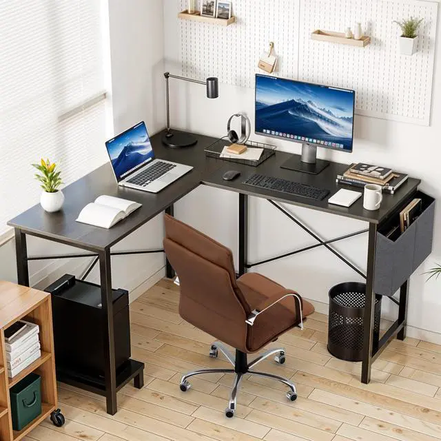 Alt view image 3 of 7 - 50 Inches L Shaped Home Office Computer Desk Reversible Corner Table PC with Wood Tabletop Metal Frame CPU Stand Side Bag for Gaming, Working and Studying, Black