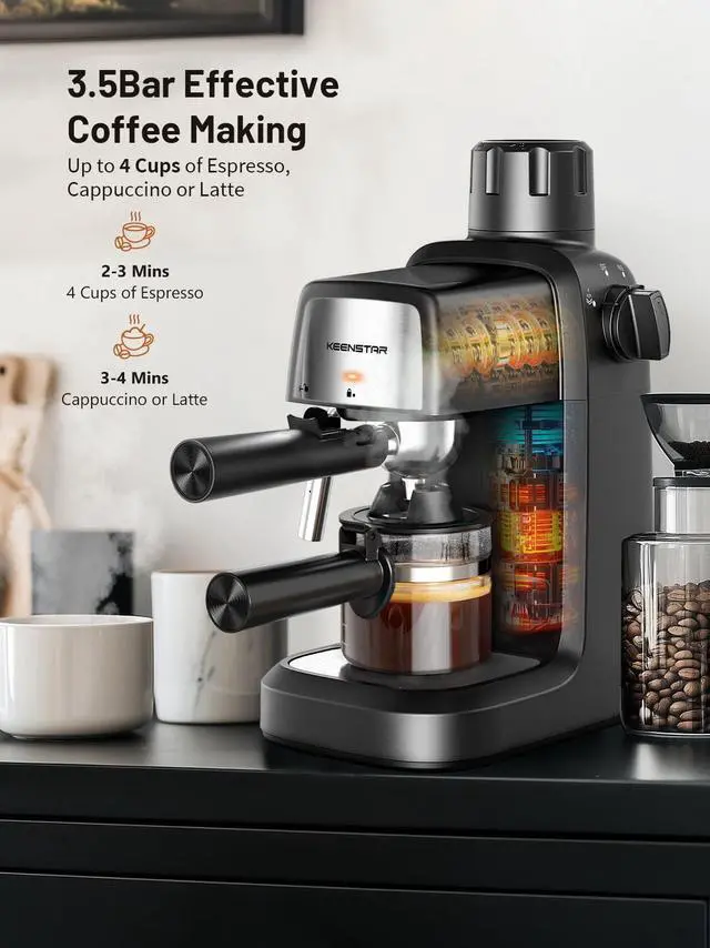 Alt view image 2 of 7 - 3.5Bar Espresso Machine with Milk Frother, 800W Compact Espresso and Cappuccino Machine with Preheating Function, 4 Cup Espresso Maker for Cappuccino or Latte, Gift for Coffee Lover