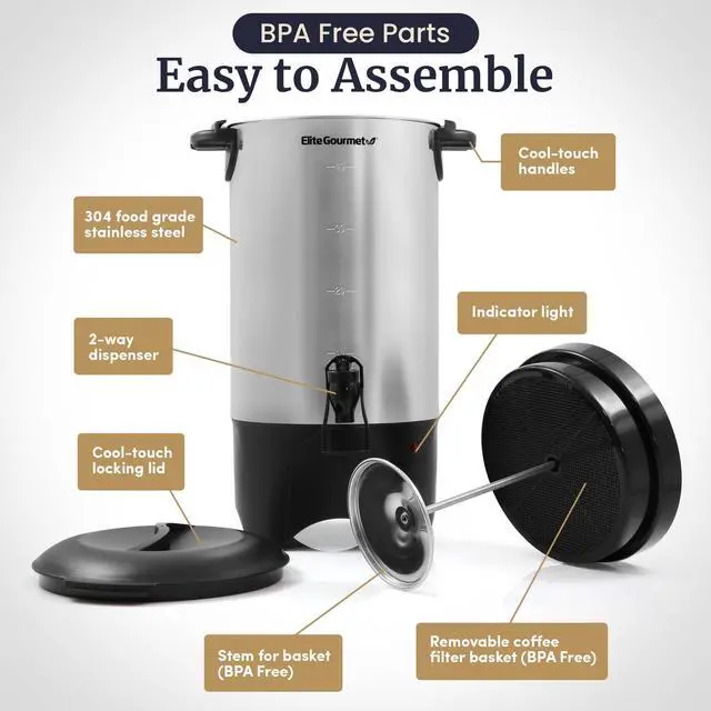 Alt view image 2 of 7 - CCM040 Stainless Steel 40 Cup Coffee Urn Removable Filter For Easy Cleanup, Two Way Dispenser with Cool-Touch Handles Electric Coffee Maker Urn, Stainless Steel