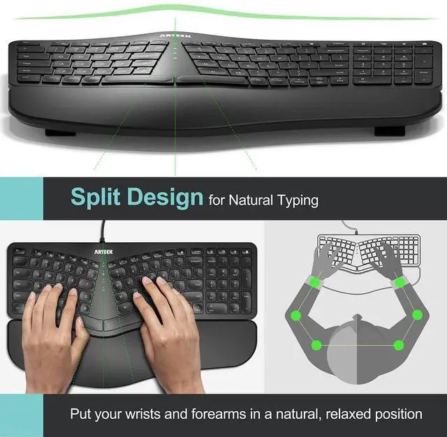 Alt view image 2 of 7 - Ergonomic USB Wired Keyboard with Cushioned Wrist & Palm Rest, Backlit 7 Colors & Adjustable Brightness Comfortable Natural Split Keyboard with 6 Feet Wire for Windows Computer Desktop Laptop
