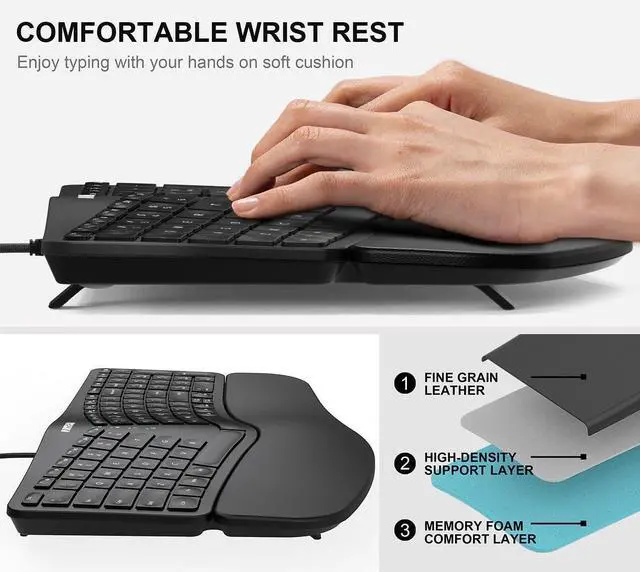 Alt view image 3 of 7 - Ergonomic USB Wired Keyboard with Cushioned Wrist & Palm Rest, Backlit 7 Colors & Adjustable Brightness Comfortable Natural Split Keyboard with 6 Feet Wire for Windows Computer Desktop Laptop