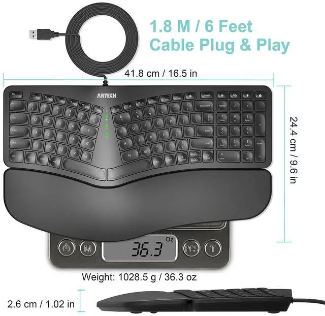 Alt view image 5 of 7 - Ergonomic USB Wired Keyboard with Cushioned Wrist & Palm Rest, Backlit 7 Colors & Adjustable Brightness Comfortable Natural Split Keyboard with 6 Feet Wire for Windows Computer Desktop Laptop