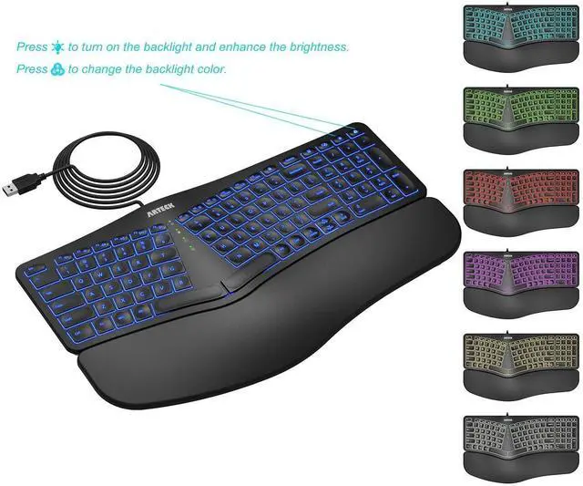 Alt view image 6 of 7 - Ergonomic USB Wired Keyboard with Cushioned Wrist & Palm Rest, Backlit 7 Colors & Adjustable Brightness Comfortable Natural Split Keyboard with 6 Feet Wire for Windows Computer Desktop Laptop