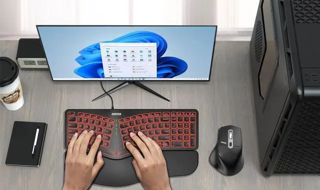 Alt view image 7 of 7 - Ergonomic USB Wired Keyboard with Cushioned Wrist & Palm Rest, Backlit 7 Colors & Adjustable Brightness Comfortable Natural Split Keyboard with 6 Feet Wire for Windows Computer Desktop Laptop