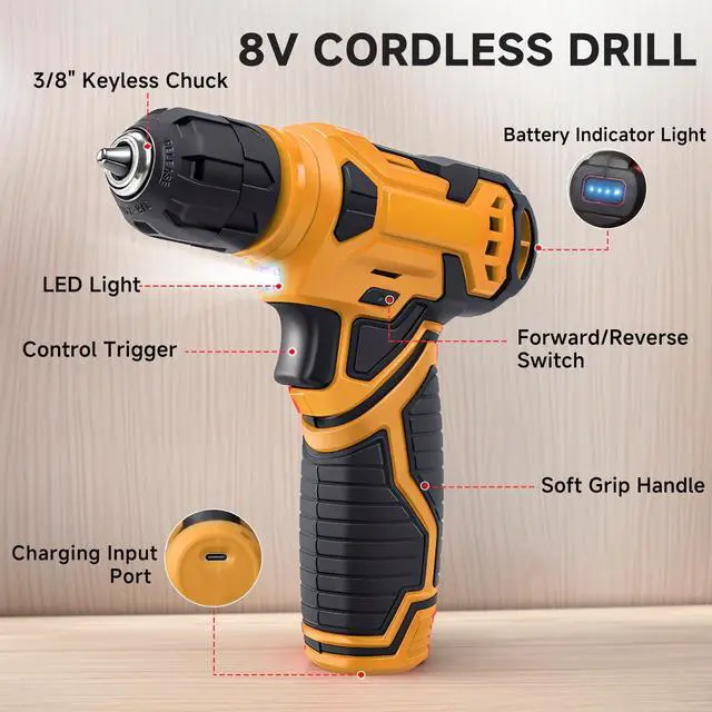 Alt view image 4 of 6 - Tool Set - Tool Kit with 8V Cordless Drill, 132 Piece Tool Box with Drill, Home Tool Kits for Men & Women, Hand Drill Set Perfect for Homeowner, Diyer, Handyman-Yellow