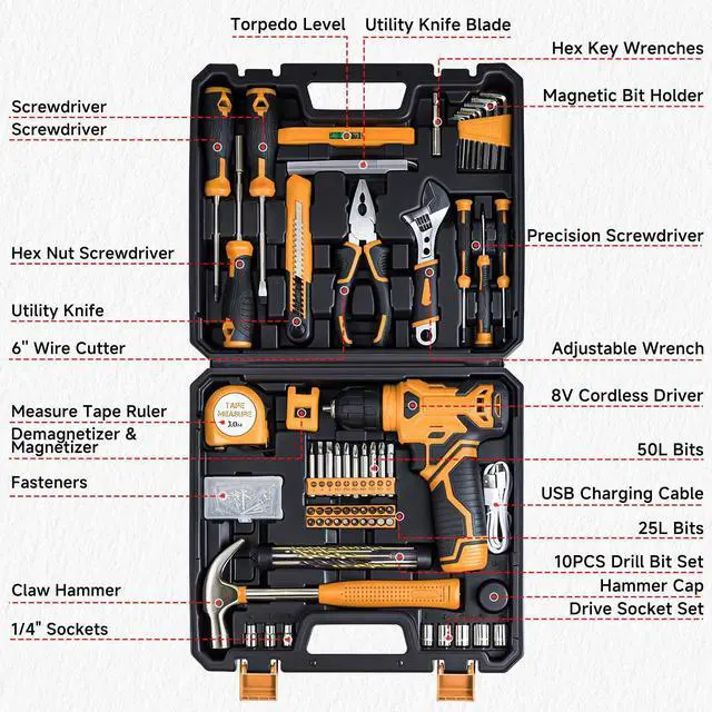 Alt view image 6 of 6 - Tool Set - Tool Kit with 8V Cordless Drill, 132 Piece Tool Box with Drill, Home Tool Kits for Men & Women, Hand Drill Set Perfect for Homeowner, Diyer, Handyman-Yellow