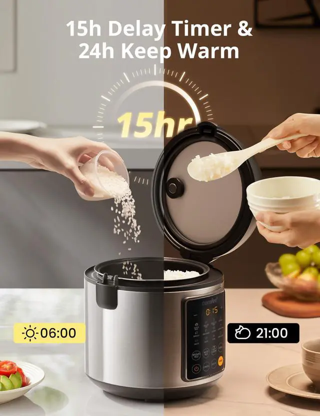 Alt view image 7 of 7 - Rice Cooker, 14-in-1 Stainless Steel Multi Cooker, Slow Cooker, Steamer, Sauté, and Warmer, 5.3 QT, 20 Cups Cooked (10 Cups Uncooked), Brown Rice, Quinoa and Oatmeal