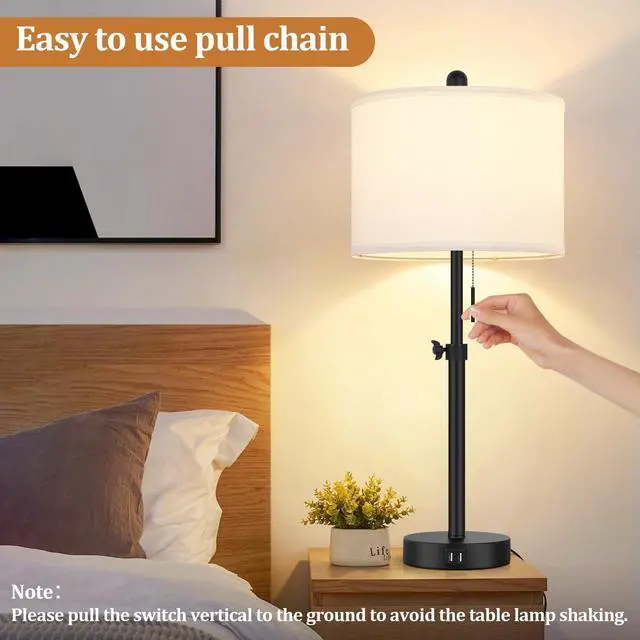 Alt view image 5 of 7 - Table Lamp for Bedroom Set of 2, 23" to 30" Height Adjustable Bedside Lamp with 2 USB Ports, Black Nightstand Lamp with White Shade, Modern Pull Chain Table Lamp for Living Room End Table