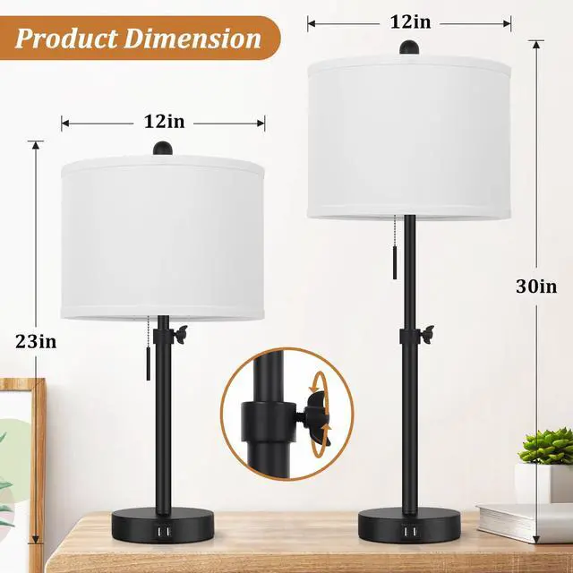 Alt view image 2 of 7 - Table Lamp for Bedroom Set of 2, 23" to 30" Height Adjustable Bedside Lamp with 2 USB Ports, Black Nightstand Lamp with White Shade, Modern Pull Chain Table Lamp for Living Room End Table