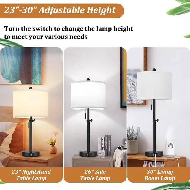 Alt view image 3 of 7 - Table Lamp for Bedroom Set of 2, 23" to 30" Height Adjustable Bedside Lamp with 2 USB Ports, Black Nightstand Lamp with White Shade, Modern Pull Chain Table Lamp for Living Room End Table